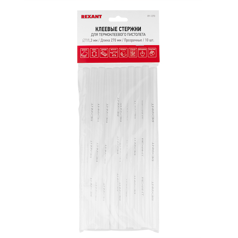 09-1270 Стержни клеевые REXANT Ø 11 мм, 270 мм, прозрачные (10 шт./уп.) (хедер)  в Коврове