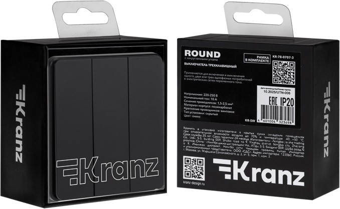 Выключатель ROUND 3 кл 10А с/у оникс KRANZ  в Коврове