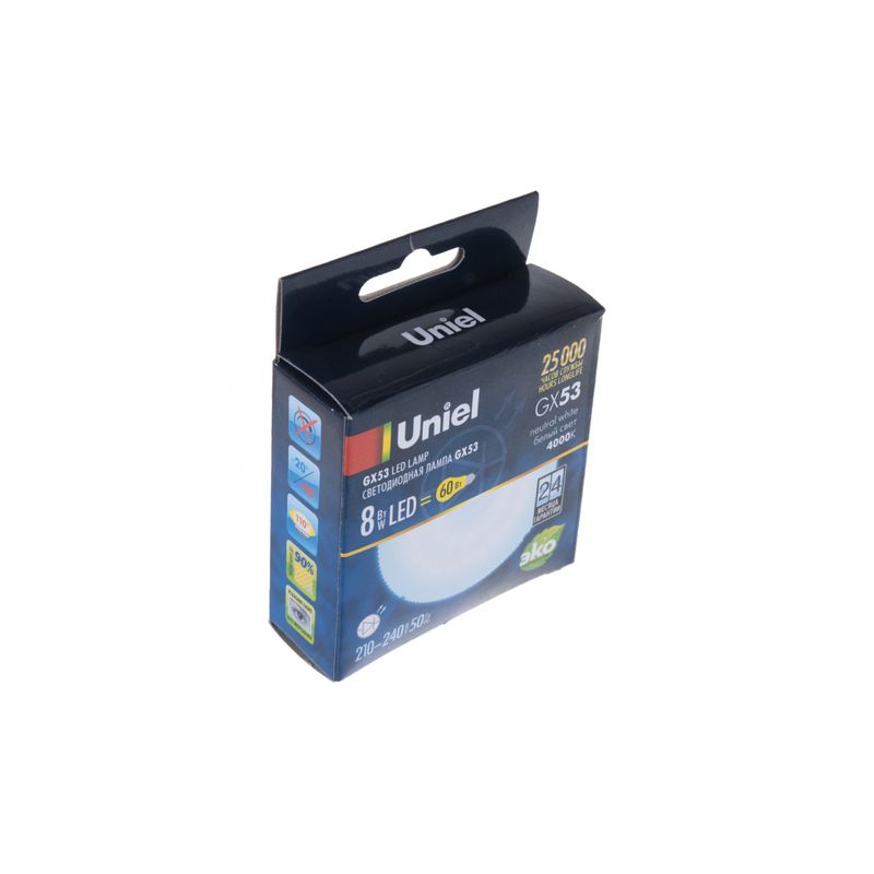 UL-00001671  Лампа светодиод, мат. Бел. свет. Картон. ТМ Uniel., LED-GX53-8W/NW/GX53/FR PLZ01WH 9179  в Коврове