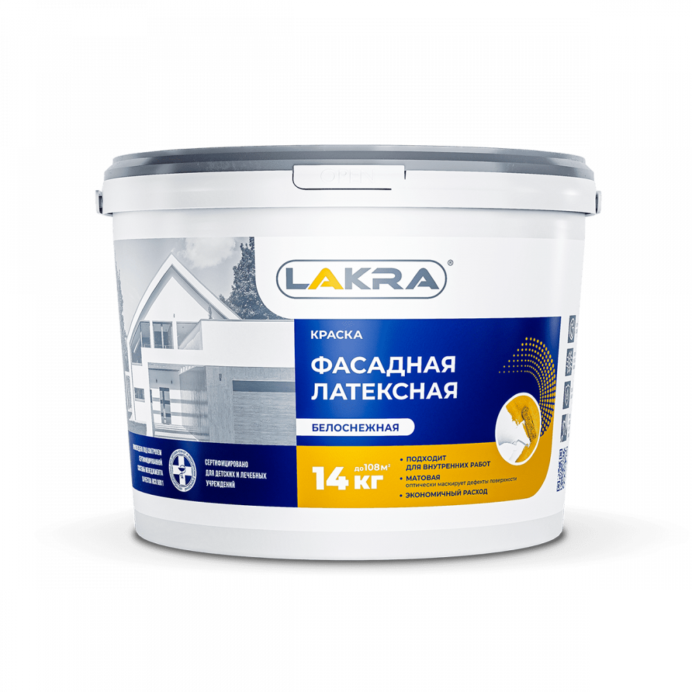 Краска фасадная латексная белоснежная  14кг ЛАКРА 1/11/44  в Коврове