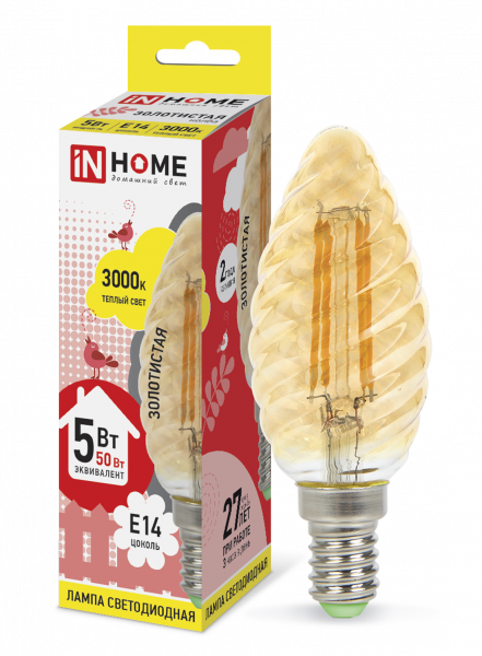 Лампа LED-СВЕЧА ВИТАЯ-deco 5Вт 230В E14 3000К 450Лм зол. IN HOME 4690612007199  в Коврове